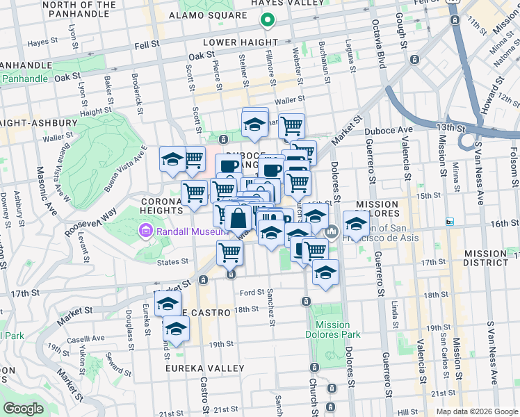 map of restaurants, bars, coffee shops, grocery stores, and more near 15th Street in San Francisco