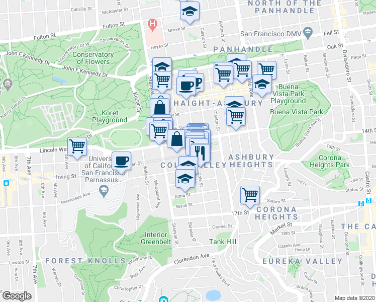 map of restaurants, bars, coffee shops, grocery stores, and more near 120 Carl Street in San Francisco