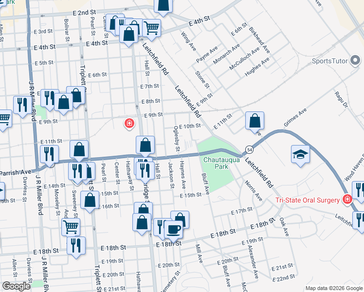 map of restaurants, bars, coffee shops, grocery stores, and more near 1405-1499 E Parrish Ave in Owensboro