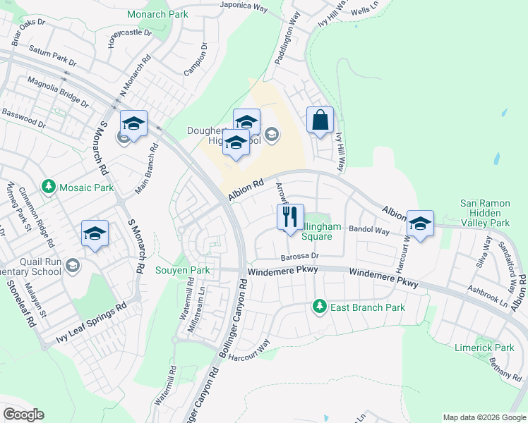 map of restaurants, bars, coffee shops, grocery stores, and more near 1236 Andreas Way in San Ramon