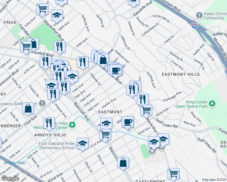 map of restaurants, bars, coffee shops, grocery stores, and more near 7800 Hillside Street in Oakland