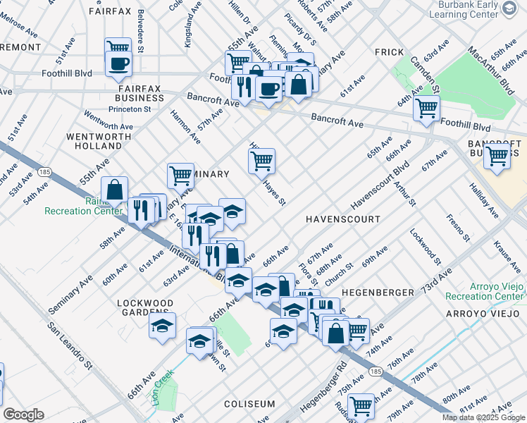 map of restaurants, bars, coffee shops, grocery stores, and more near 2068 64th Avenue in Oakland