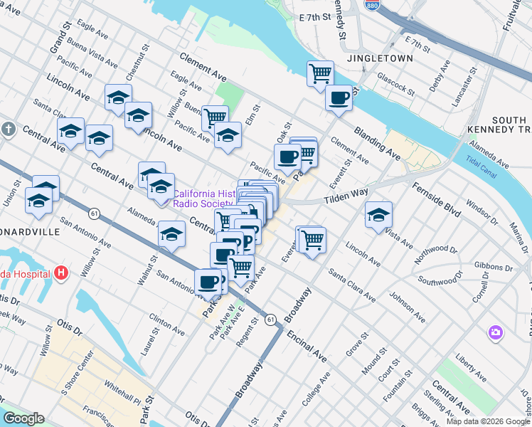 map of restaurants, bars, coffee shops, grocery stores, and more near 2318 Santa Clara Avenue in Alameda