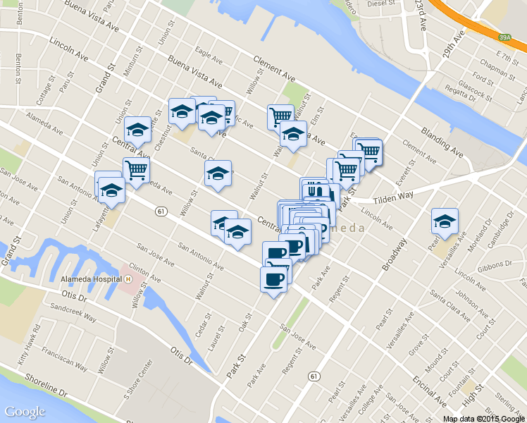 map of restaurants, bars, coffee shops, grocery stores, and more near 2223 Central Avenue in Alameda