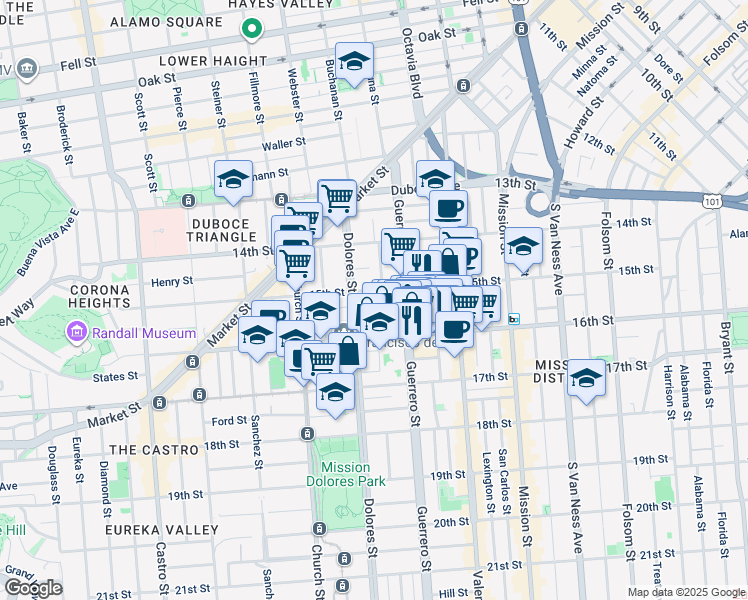 map of restaurants, bars, coffee shops, grocery stores, and more near 259 Dolores Street in San Francisco