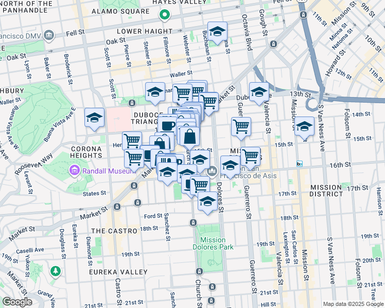 map of restaurants, bars, coffee shops, grocery stores, and more near 345 Church Street in San Francisco