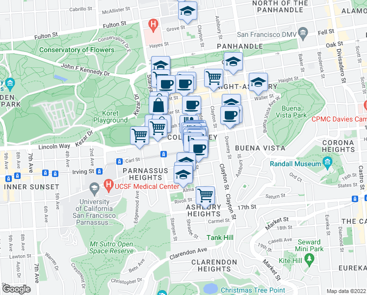 map of restaurants, bars, coffee shops, grocery stores, and more near 135 Carl Street in San Francisco