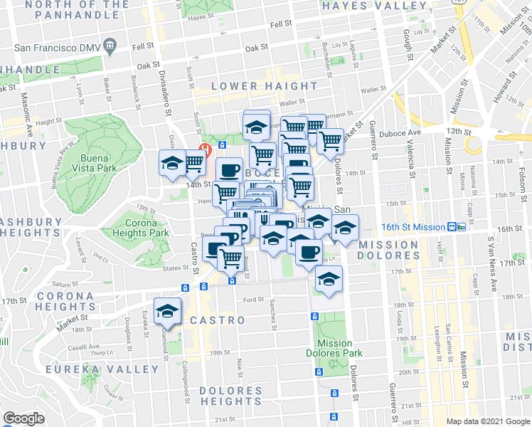 map of restaurants, bars, coffee shops, grocery stores, and more near Sanchez Street & 15th Street in San Francisco