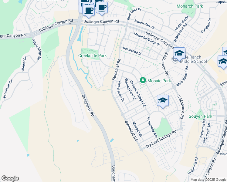 map of restaurants, bars, coffee shops, grocery stores, and more near 7738 Stoneleaf Road in San Ramon