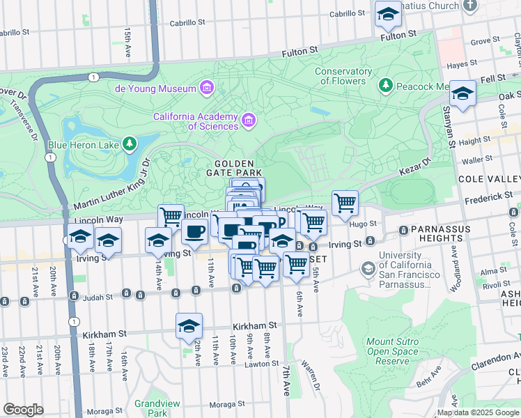 map of restaurants, bars, coffee shops, grocery stores, and more near Lincoln Way & 8th Avenue in San Francisco