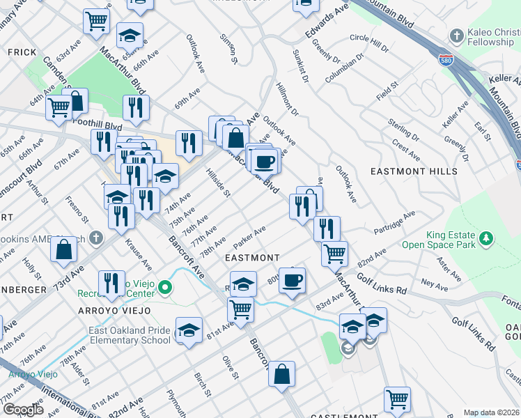map of restaurants, bars, coffee shops, grocery stores, and more near 7800 Hillside Street in Oakland