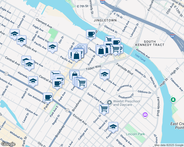 map of restaurants, bars, coffee shops, grocery stores, and more near 2529 Noble Avenue in Alameda