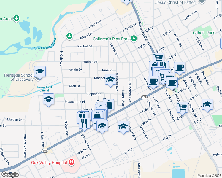 map of restaurants, bars, coffee shops, grocery stores, and more near 739 Magnolia Street in Oakdale