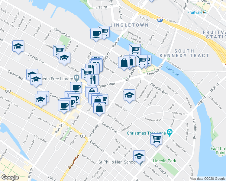 map of restaurants, bars, coffee shops, grocery stores, and more near 2529 Noble Avenue in Alameda