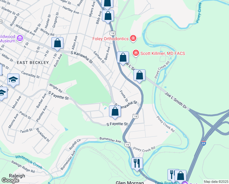 map of restaurants, bars, coffee shops, grocery stores, and more near 2403-2405 S Kanawha St in Beckley