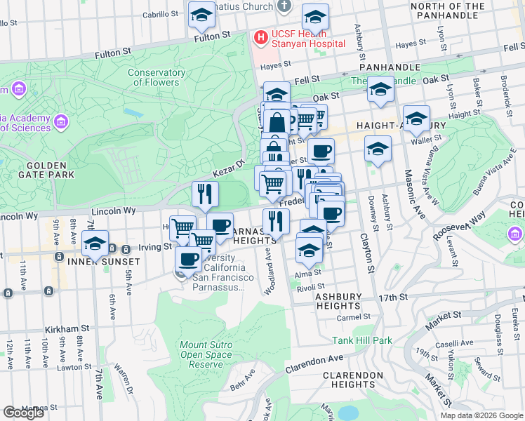 map of restaurants, bars, coffee shops, grocery stores, and more near 553 Frederick Street in San Francisco