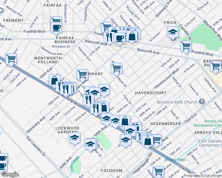 map of restaurants, bars, coffee shops, grocery stores, and more near 6250 Bromley Avenue in Oakland