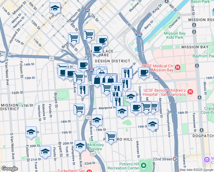 map of restaurants, bars, coffee shops, grocery stores, and more near 300 Rhode Island Street in San Francisco
