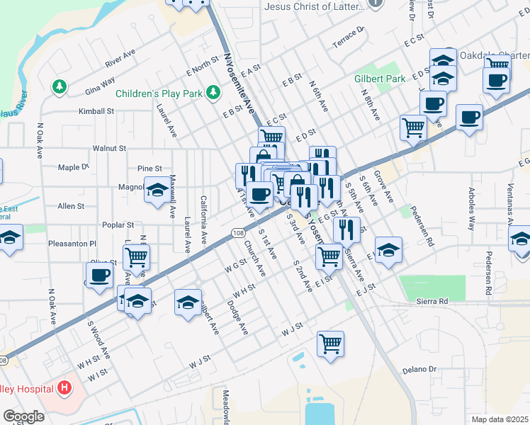 map of restaurants, bars, coffee shops, grocery stores, and more near 131 East F Street in Oakdale