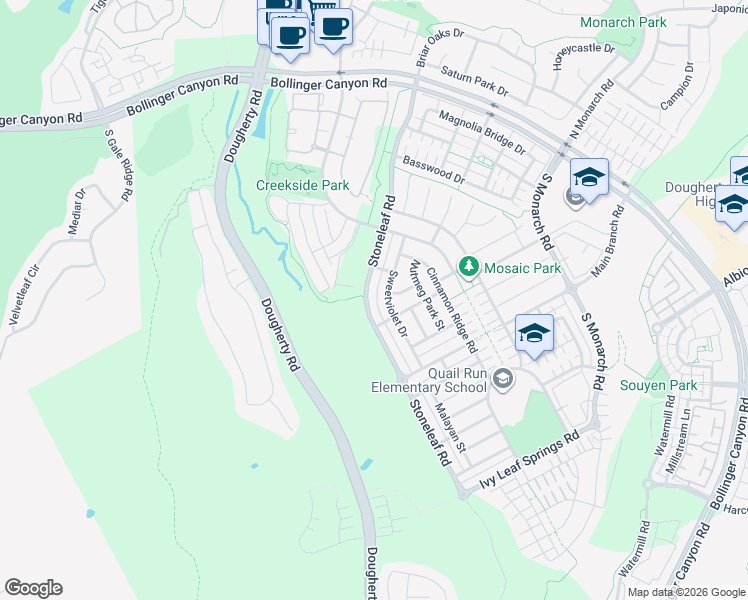 map of restaurants, bars, coffee shops, grocery stores, and more near 7712 Stoneleaf Road in San Ramon