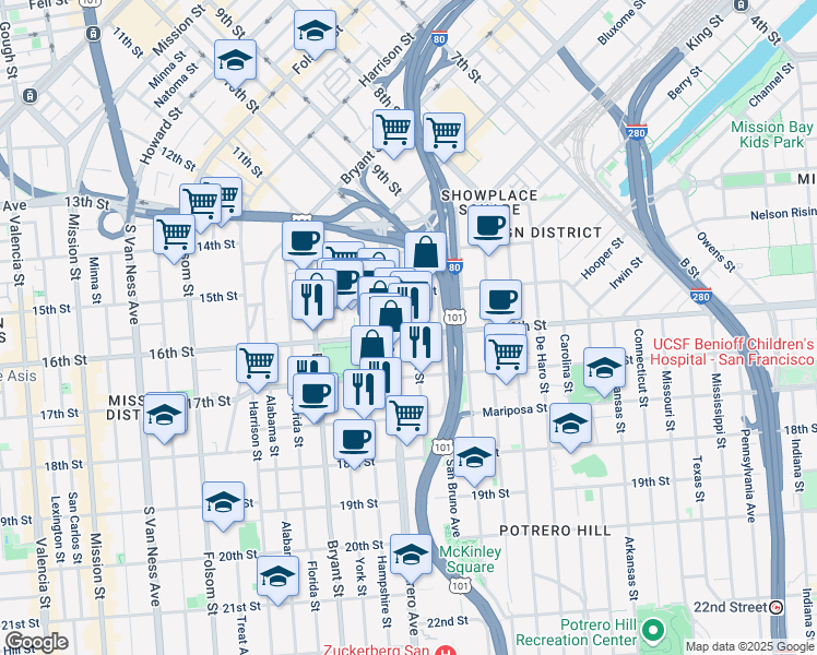 map of restaurants, bars, coffee shops, grocery stores, and more near in San Francisco