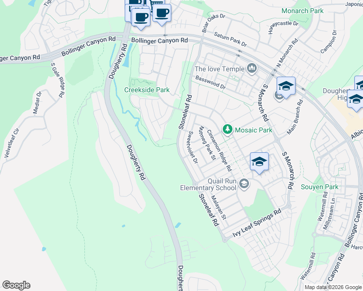 map of restaurants, bars, coffee shops, grocery stores, and more near 7742 Stoneleaf Road in San Ramon