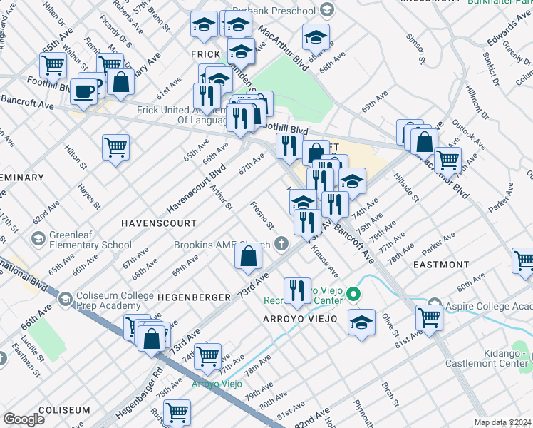 map of restaurants, bars, coffee shops, grocery stores, and more near 6928 Fresno Street in Oakland