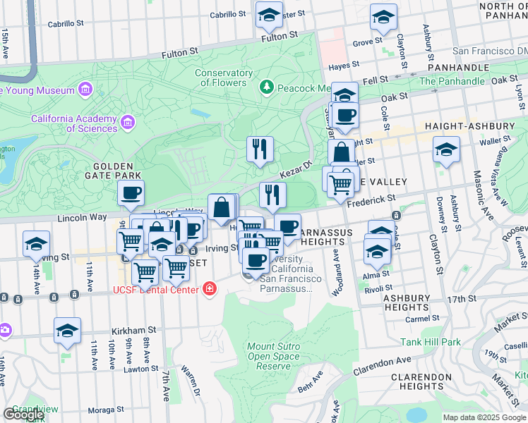 map of restaurants, bars, coffee shops, grocery stores, and more near 2 Lincoln Way in San Francisco