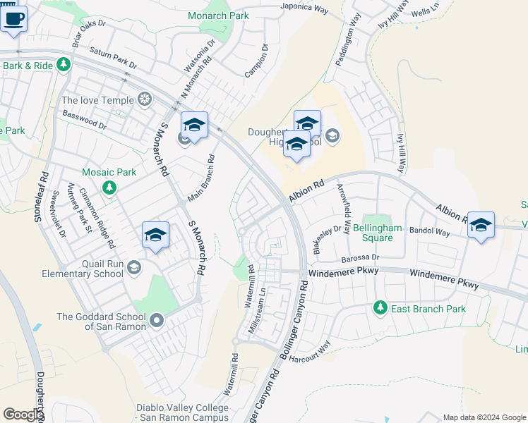 map of restaurants, bars, coffee shops, grocery stores, and more near 1411 Arianna Lane in San Ramon