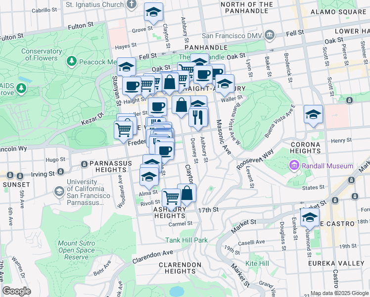 map of restaurants, bars, coffee shops, grocery stores, and more near Clayton St & Carl St in San Francisco