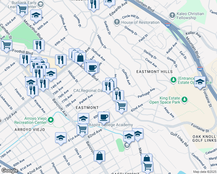 map of restaurants, bars, coffee shops, grocery stores, and more near 2818 Parker Avenue in Oakland