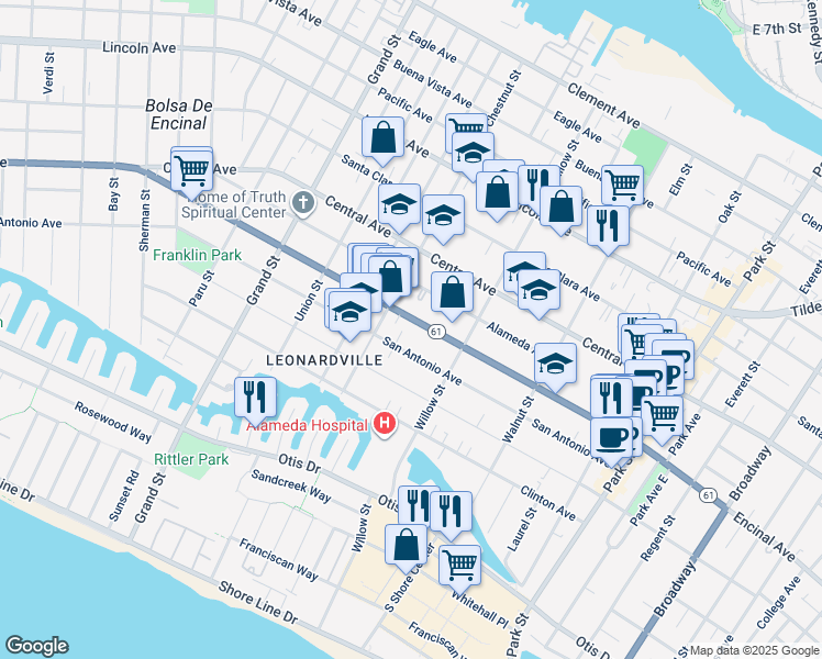 map of restaurants, bars, coffee shops, grocery stores, and more near 2024 Encinal Avenue in Alameda