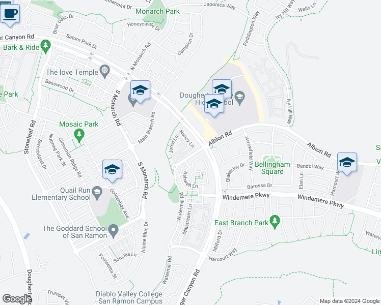 map of restaurants, bars, coffee shops, grocery stores, and more near 1411 Arianna Lane in San Ramon