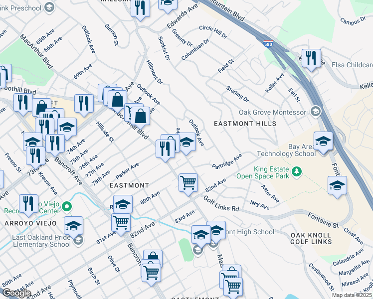 map of restaurants, bars, coffee shops, grocery stores, and more near 7900 Ney Avenue in Oakland