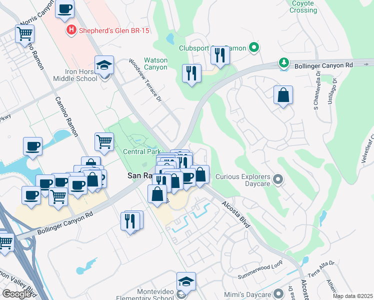 map of restaurants, bars, coffee shops, grocery stores, and more near 510 Canyon Woods Circle in San Ramon
