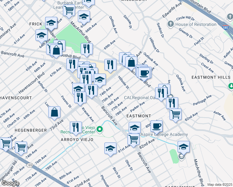 map of restaurants, bars, coffee shops, grocery stores, and more near 2611 76th Avenue in Oakland