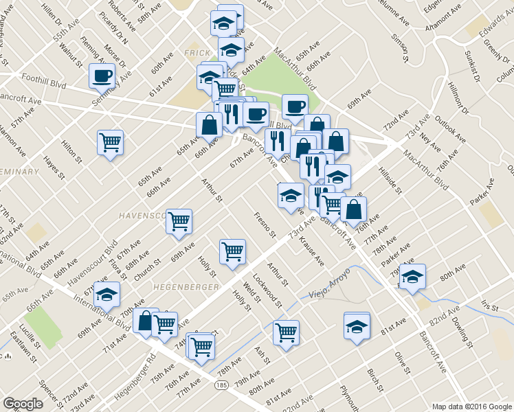 map of restaurants, bars, coffee shops, grocery stores, and more near 7007 Fresno Street in Oakland