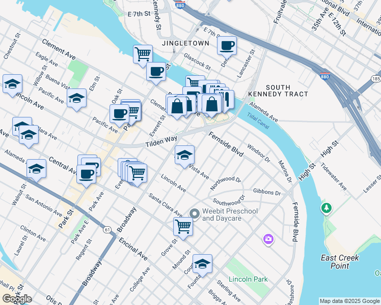 map of restaurants, bars, coffee shops, grocery stores, and more near 2627 Buena Vista Avenue in Alameda