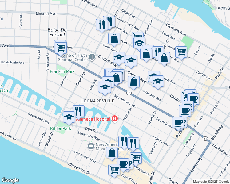 map of restaurants, bars, coffee shops, grocery stores, and more near 2000 San Antonio Avenue in Alameda