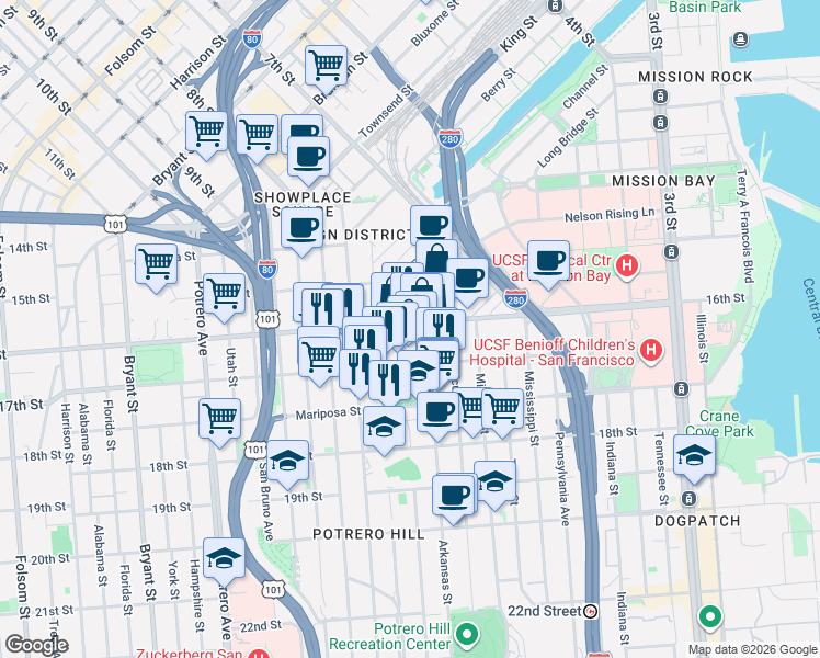 map of restaurants, bars, coffee shops, grocery stores, and more near 277 Carolina Street in San Francisco