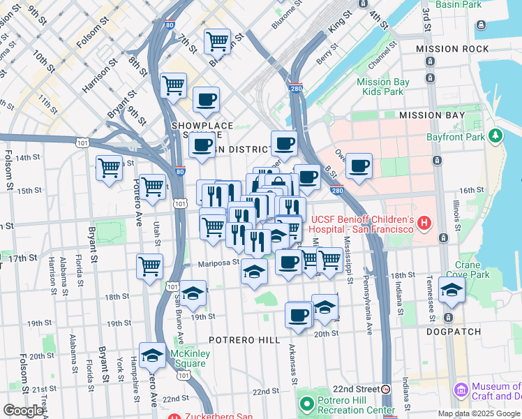 map of restaurants, bars, coffee shops, grocery stores, and more near 166 Wisconsin Street in San Francisco