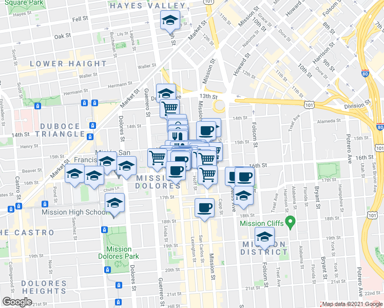 map of restaurants, bars, coffee shops, grocery stores, and more near in San Francisco