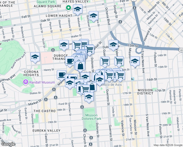 map of restaurants, bars, coffee shops, grocery stores, and more near 240 Dolores Street in San Francisco
