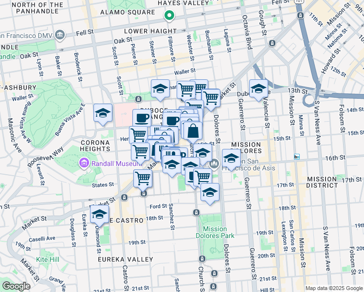 map of restaurants, bars, coffee shops, grocery stores, and more near 30 Sharon Street in San Francisco