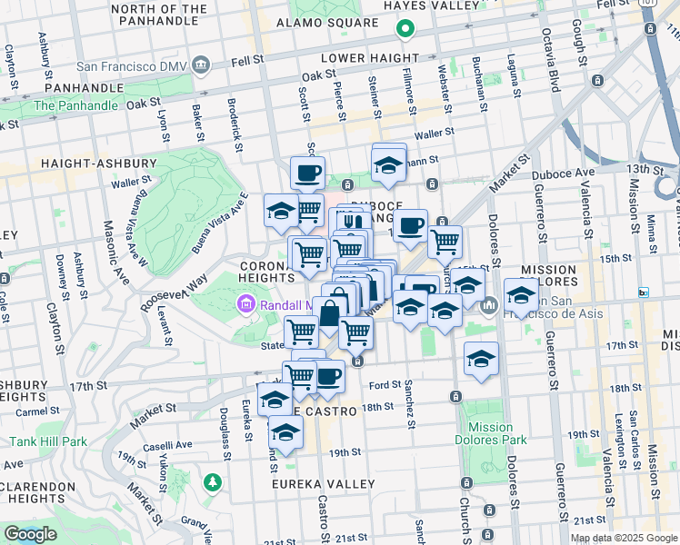 map of restaurants, bars, coffee shops, grocery stores, and more near 2257 15th Street in San Francisco