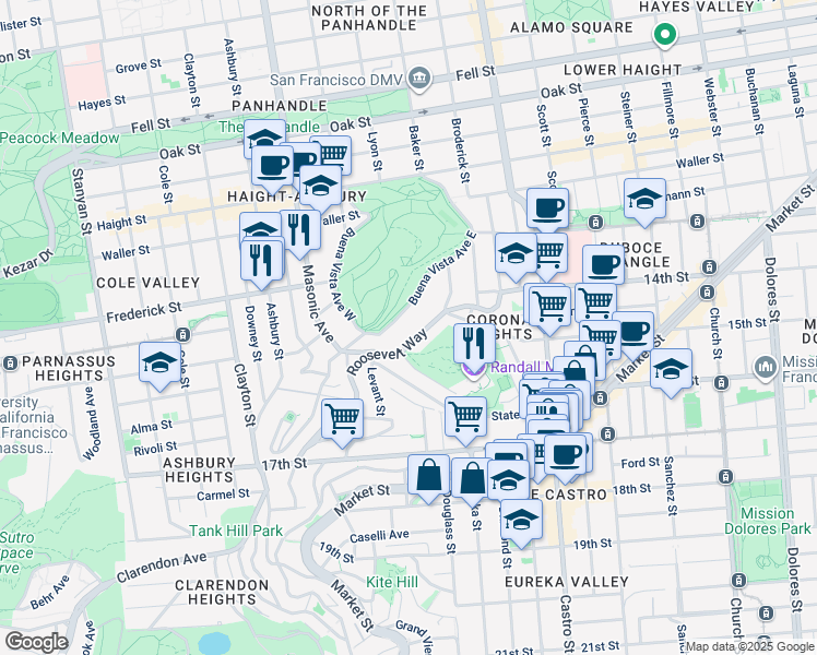 map of restaurants, bars, coffee shops, grocery stores, and more near 275 Roosevelt Way in San Francisco