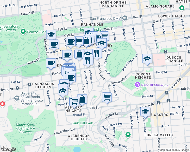 map of restaurants, bars, coffee shops, grocery stores, and more near 1870 Delmar Street in San Francisco