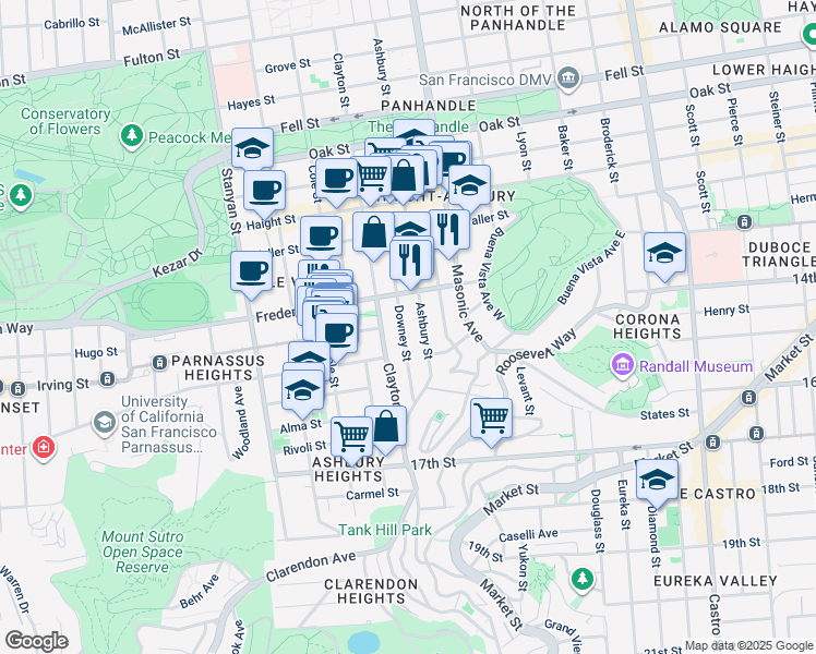 map of restaurants, bars, coffee shops, grocery stores, and more near 905 Ashbury Street in San Francisco