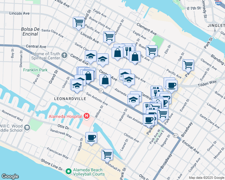map of restaurants, bars, coffee shops, grocery stores, and more near 2100 Alameda Avenue in Alameda