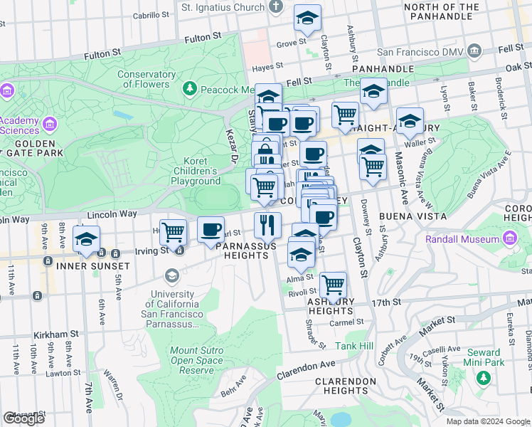 map of restaurants, bars, coffee shops, grocery stores, and more near 901 Stanyan Street in San Francisco
